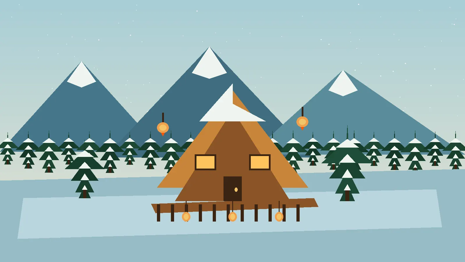 Cartoon Canadian Rockies lodge with a frozen lake dock, lanterns, and a ski-lodge ticket window